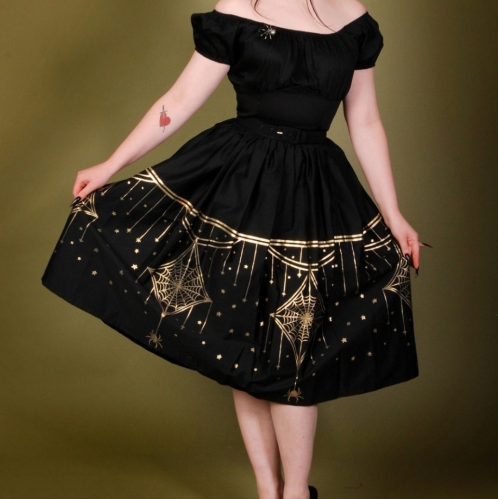 Pinup Girl Clothing Bella Swing Skirt In Gold and Black 2X
